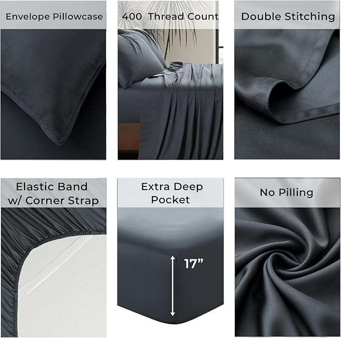Luxury Bamboo Market | King Size Bed Sheet Set | 100% Viscose Made from Bamboo | Organically Grown | Ultra Soft | Cooling Sheets for Hot Sleepers | 17" Deep Pocket [Charcoal Grey]