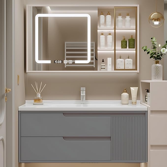 Cream Grey Sophisticated Bathroom Vanity - Bathroom Vanity with Smart Storage & Mirror Cabinet, Defogging, LED Light | Wall-Mounted Bathroom Storage Cabinet & Bathroom Vanity with Sink (Grey, 40IN)