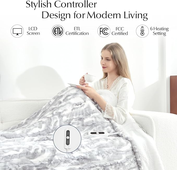 Heated Throw Blanket Faux Fur & Sherpa, Safe Electric Blanket ETL & FCC Certified, Soft Warm 6 Heating Levels & 4 Hours Auto-Off, Machine Washable, 50"x60" Light Grey & White Pattern