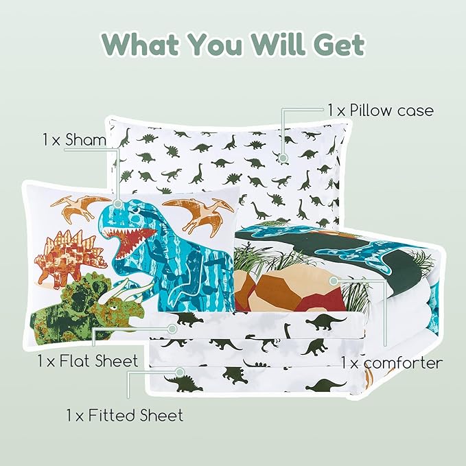 Twin Comforter Set for Boys-5 Pieces Dinosaur Glow in The Dark Twin Bedding Sets for Kids, Ultra Soft Bed in A Bag with Sheets