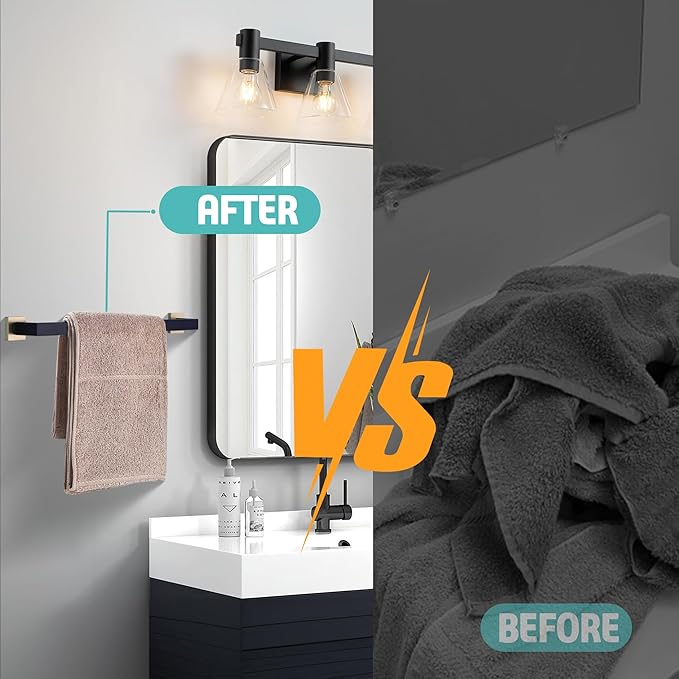 LANC Bath Towel Rack, Matte Black and Gold Towel Rail Bathroom Towel Bar Towel Hanger Square Towel Rod Towel Rail 24-Inche Kitchen Towel Holder Wall Mounted SUS304 Stainless Steel,A8804GK-6P1