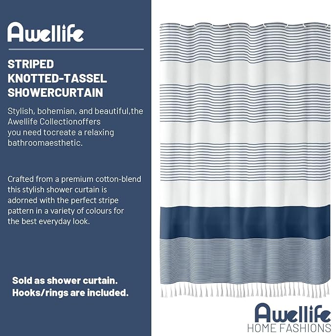 Awellife Navy Blue Shower Curtain for Bathroom Stripe Tassel Shower Curtain 72 X 78 Inches Farmhouse Cotton Long