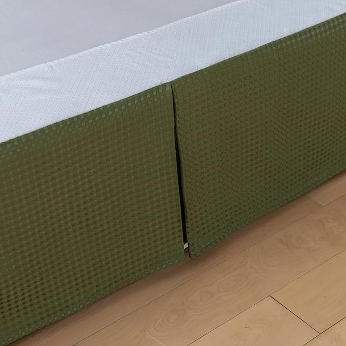 King Bed Skirt, Wrap Around Bed Skirt with Pleated Corner, 14 Inch Drop Pleated Waffle Weave Bedskirts, Anti-Slip, Microfiber, Green, 14'' King