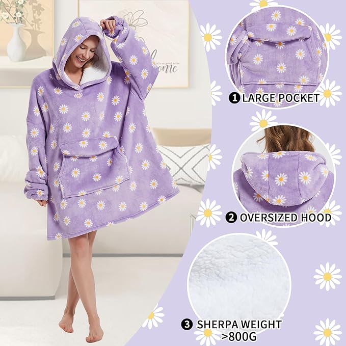 Wearable Blanket Hoodie for Adult,Oversized Sherpa Fleece Blanket Hoodie for Women Men,Daisy