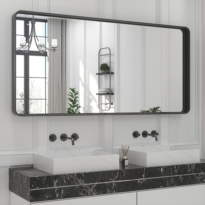 TETOTE 48 x 24 Inch Black Frame Mirror, Bathroom Vanity Mirror for Wall, Modern Rectangle Round Corner Matte Framed Mirror (Horizontal/Vertical)