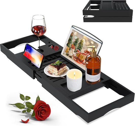 Luxury Bathtub Caddy Tray for Tub - Foldable Bamboo Bath Table Tray with Book and Wine Glass Holder, Expandable Bathroom Accessories for Spa or Reading Lite Style,Black
