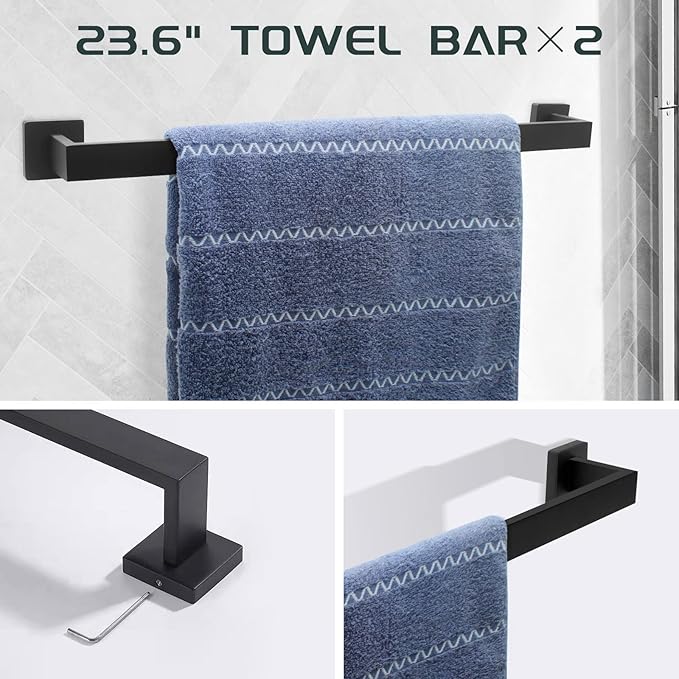Matte Black Bathroom Hardware Set Towel Bar Set Black Bathroom Hardware Accessories Set with Towel Bars, Stainless Steel Wall Mounted Bathroom Towel Rack Set Square