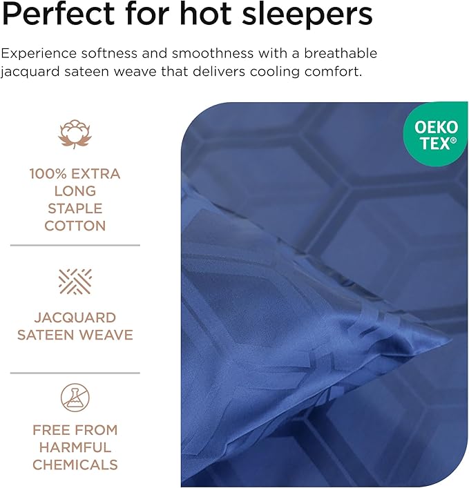 Threadmill 100% Cotton Sheets for Queen Size Bed - 600 Thread Count Queen Bed Sheets Set with 16” Deep Pocket - Jacquard Sateen Weave 4-Piece Bedding Set with Cooling Effect, Folkstone Blue