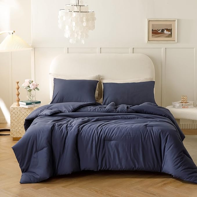 ROSGONIA King Size Comforter Set Navy Blue, 3pcs (1 Blue Comforter & 2 Pillowcases), All Season Bedding Soft Lightweight Bedspread Blanket Quilt