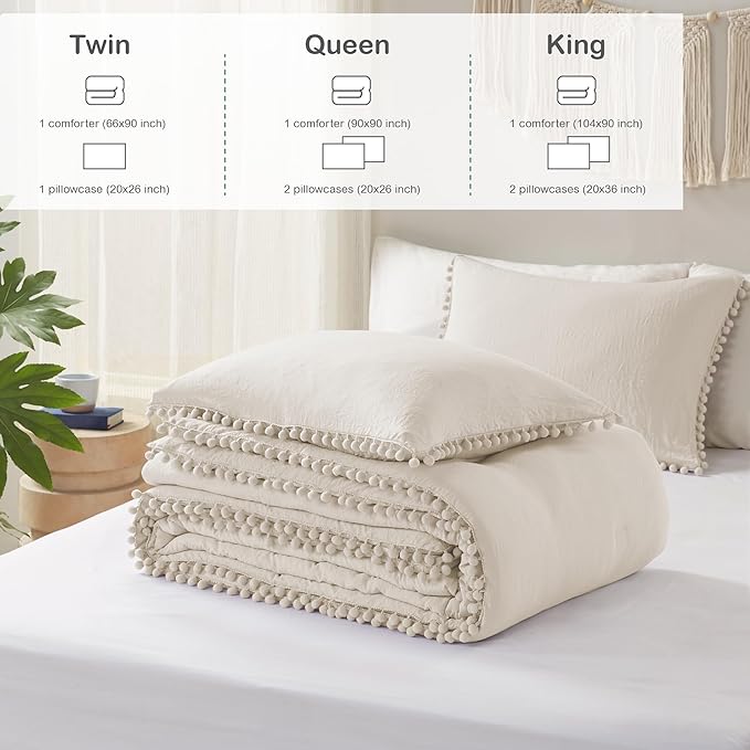 Codi Beige King Comforter Set - Boho Chic Bedding with Pom Fringe, Soft Washed Microfiber Taupe 3-Piece Set, 1 Comforter & 2 Pillowcases, Lightweight Luxury, King Size