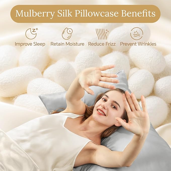 INFIIXSO Mulberry Silk Pillowcase for Hair and Skin, Silk Pillow Cases King Size with Hidden Zipper 20x40 Inches, Ultra Smooth and Soft Cooling Pillow Cases for Hot Sleepers(Light Grey, 1 Pack)