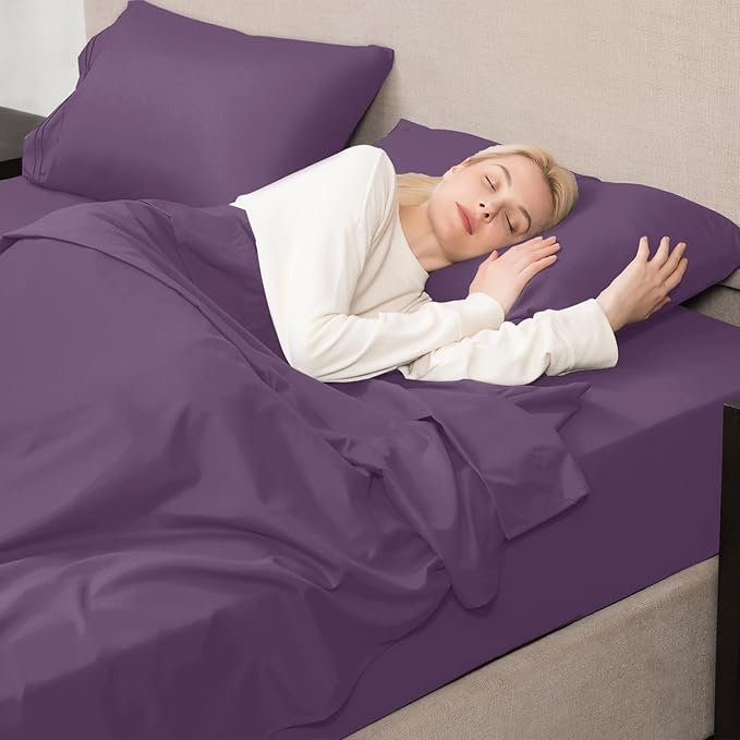 Mejoroom Queen Sheet Set - Hotel Luxury Sheets & Pillowcase Sets - Extra Soft Bed Sheets - Deep Pocket Fitted Sheet, Breathable, Wrinkle & Fade Resistant - 4 Piece (Queen, Purple)