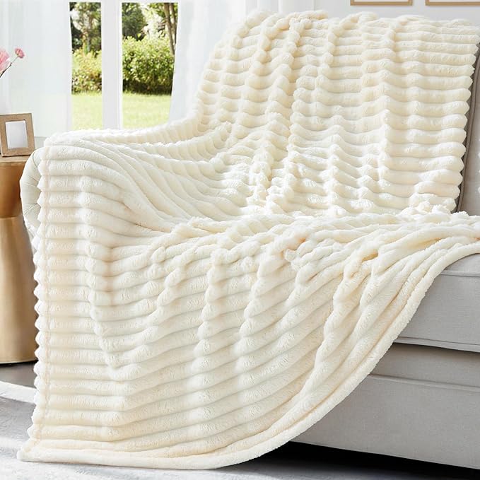 decorUhome Christmas Soft Fleece Cream White Blanket Queen Size for Bed, Cozy Fluffy Plush Flannel Large Striped Throws for Couch Sofa, Lightweight Decorative Fuzzy Blanket for Woman, 90x90 Inches