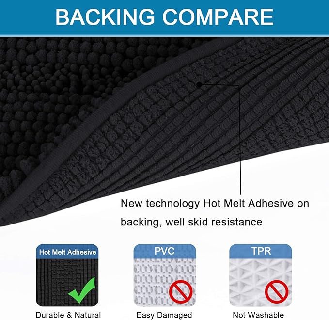 H.VERSAILTEX Bathroom Rugs Bath Rug Set 2 Piece Bathroom Contour Rug Toilet Mat Sets Non Slip Contour Bath Rug Set Ultra Thick Water Absorbent Striped Washable(20" x 32" Plus 20" x 20" U, Black)