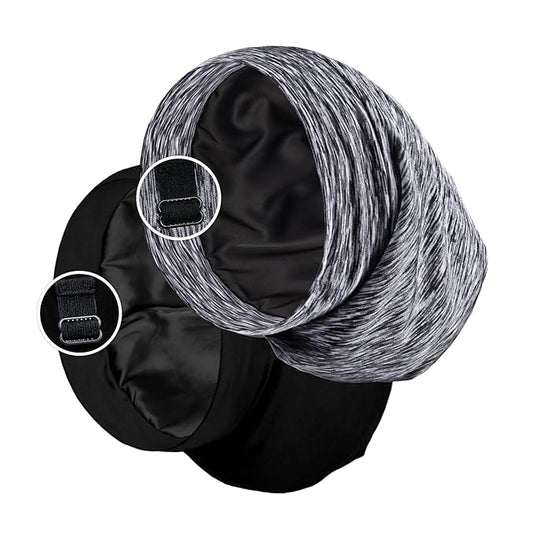 Satin Lined Sleep Cap Bonnet for Curly Hair and Braids, Stay On All Night Hair Wrap with Adjustable Strap for Women and Men, Black and Grey, Pack of 2