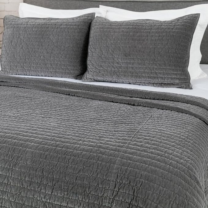 ELEGANT LIFE HOME Velvet Quilt Oversized King Reversible Royal Cotton Velvet Pic-Stitch Bedding Quilt - King Size - 108'' x 92'', Grey