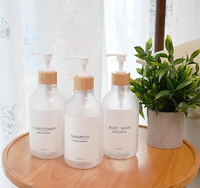 Frosted Plastic Shampoo and Conditioner Bottles, Apothecary Dispenser Bamboo Pump, Refillable Bottles for Shower Lotion, Oil, Hand Soap, Sanitizer, Liquid Soap, Set of 3 with 9 Labels (6, Matte Clear)