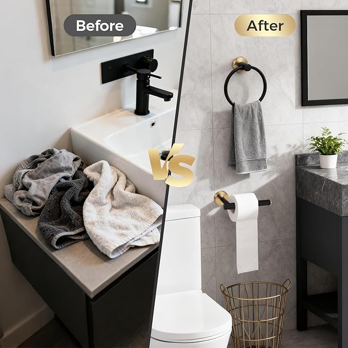 Black Bathroom Accessories Set 7-Pieces Stainless Steel Modern Light Luxury Design, Multi-Scene Use Includes Towel Racks for Bathroom Toilet Paper Holder Gold Towel Racks for Bathroom