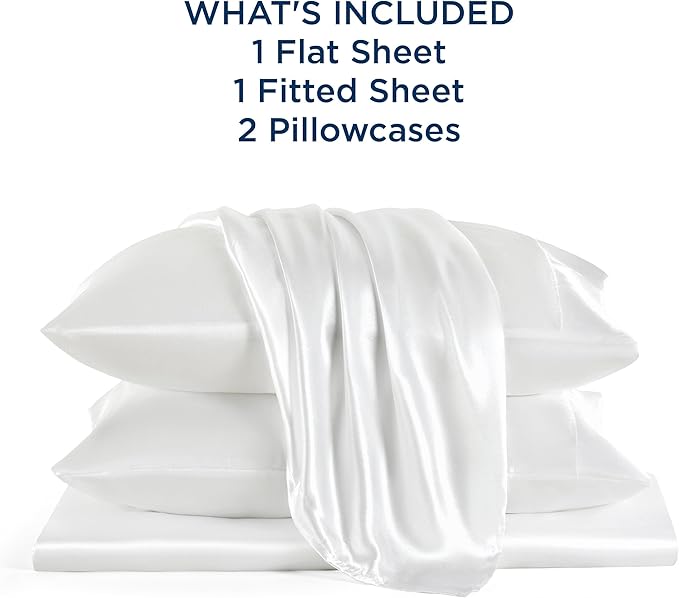 Bedsure White Satin Sheets King Size - 4 Piece Silky Bedsheets with 15 Inches Deep Pocket Fitted Bedsheet,1 Flat Sheet, 2 Satin Pillowcases, Good for Hair & Skin (King, White)