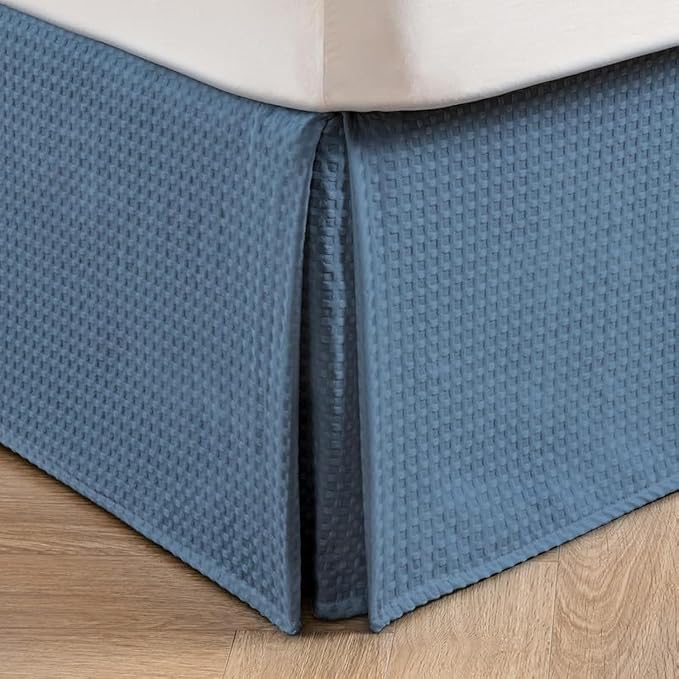 MIYE Pleated Waffle Weave Bed Skirt, Tailored Dust Ruffle 16 Inch Drop Easy Fit, Machine Washable (Blue, Twin - 16" Drop)