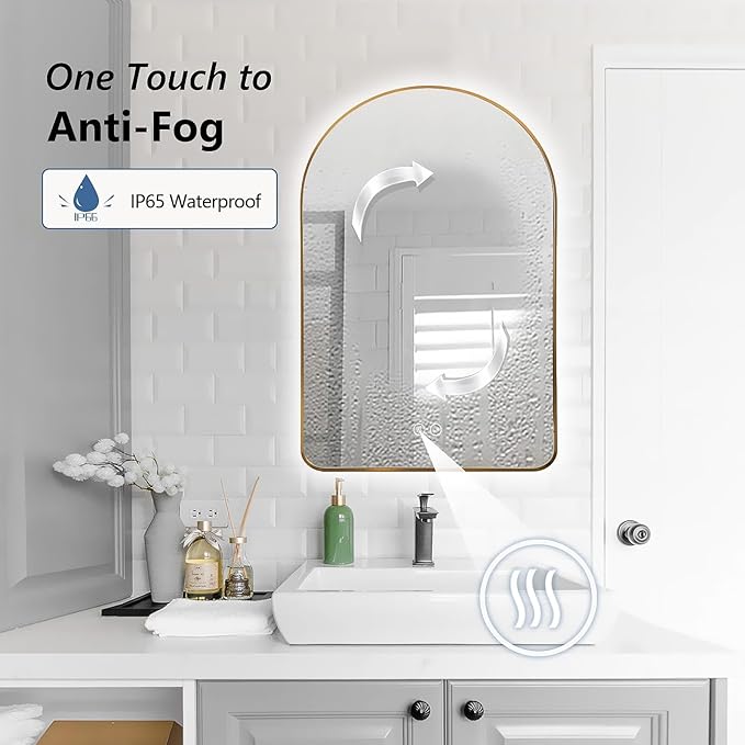 Niccy Arched LED Lighted Bathroom Mirror, 32x20 Inch Backlit Vanity Mirror with Lights Brushed Gold Framed Wall Mounted Mirrors with Dimmable 3 Color Shatterproof Arch Smart Fog Free Mirror