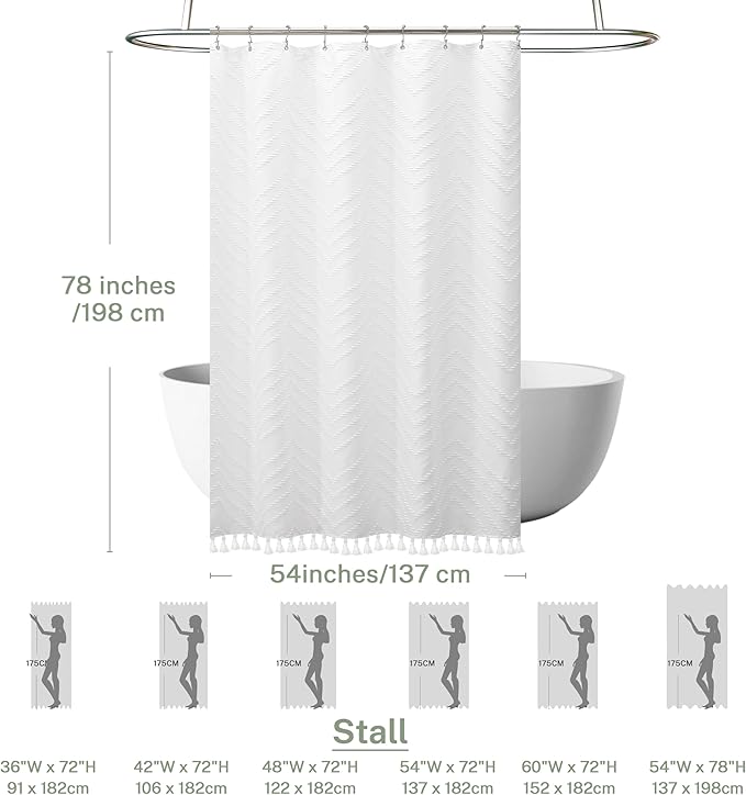 Boho Shower Curtain White Tassel Woven Fabric Shower Curtain 54 x 78 Modern Farmhouse Textured Tufted Chevron Striped Minimalist for Bathroom, Closet Door