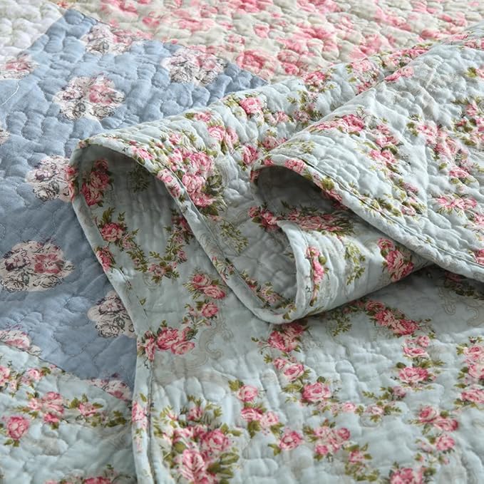 Cotton Bedspread Quilt Bedding Sets 3 Pieces Reversible Coverlet Sets Comforters Green Rose Floral Patchwork Bedspread, King Size