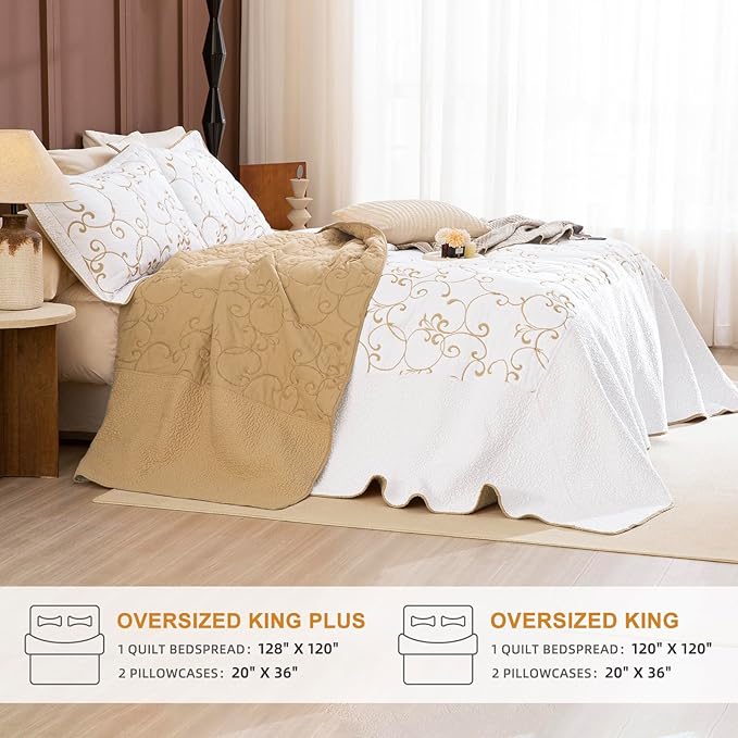 Lady Ann Oversized King 128x120 Quilt Bedspreads,100% Cotton Embroidery Pattern California King Size Quilt Bedding Set Extra Large Lightweight White with Gold Quilted Bedding Coverlet Set 3Pcs