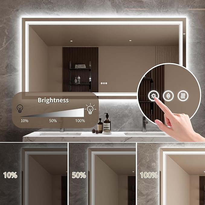 Bathroom Mirror with Lights 36"X72" with Front Light and Backlit, Tempered Glass, Wall Mount Horizontal/Vertical, Stepless Dimmable, 3 Colors, Anti Fog, Bathroom Memory LED Mirror