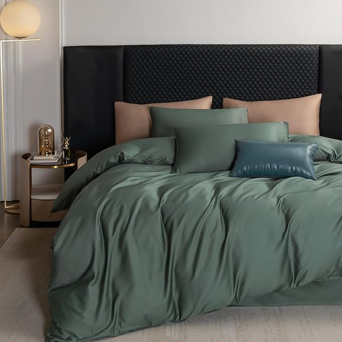 MooMee Queen Duvet Cover Set, 100% Extra Long Staple Cotton 600 Thread Count Sateen Silky Soft Breathable Durable Luxury Hotel Quality Bedding Set, 3 Pieces (Dark Green, Queen 90"x90")