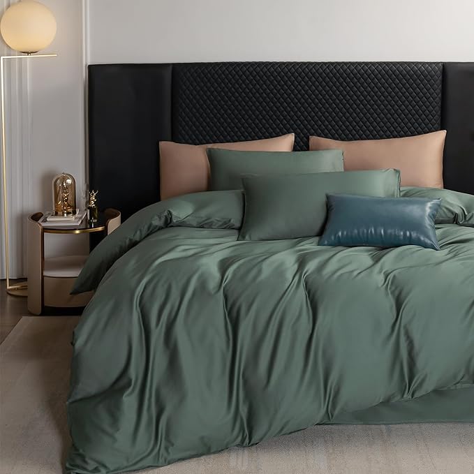 MooMee Duvet Cover Set 100% Extra Long Staple Cotton 600 Thread Count Silky Sateen Smooth Luxury Soft Breathable Durable Hotel Quality Bedding, 3 Pieces (Dark Green, King 104"x90")