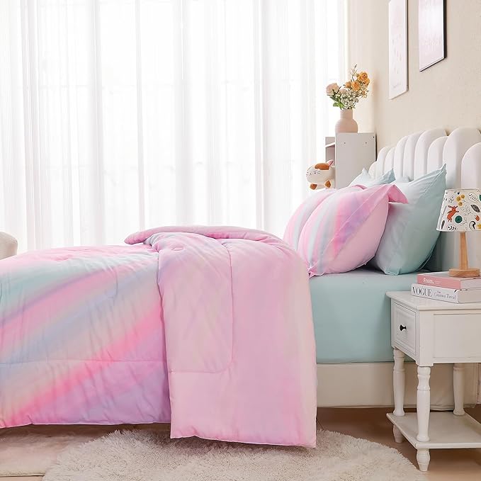 Wajade Girls Pink Comforter Set Bed in A Bag Full Size 7 Piece 3D Colorful Tie Dye Pink Rainbow Bedding Set for Teens Girls (1 Comforter, 1 Flat Sheet, 1 Fitted Sheet, 2 Pillowcase and 2 Pillow Sham)