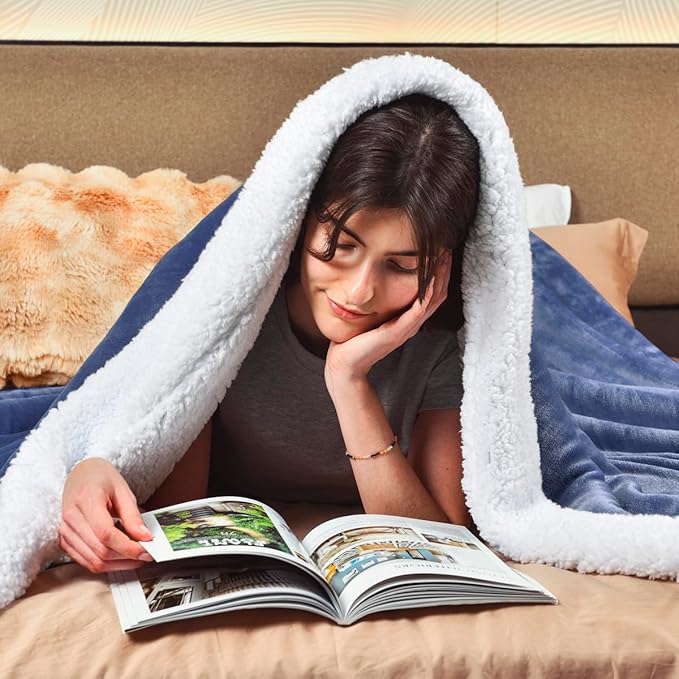 KAWAHOME Sherpa Fleece Throw Blanket for Bed - Extra Warm and Heavy Thick Throw Blankets for Winter, Super Soft 500GSM Plush Blanket, 50"X 60" Washed Blue