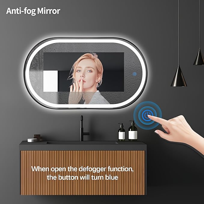 Oval LED Bathroom Mirror, 40"x24" Lighted Wall Mounted Vanity Mirror with Metal Frame, Anti-Fog IP66 Waterproof Smart Mirror, Memory Function, (Horizontal or Vertical), Black