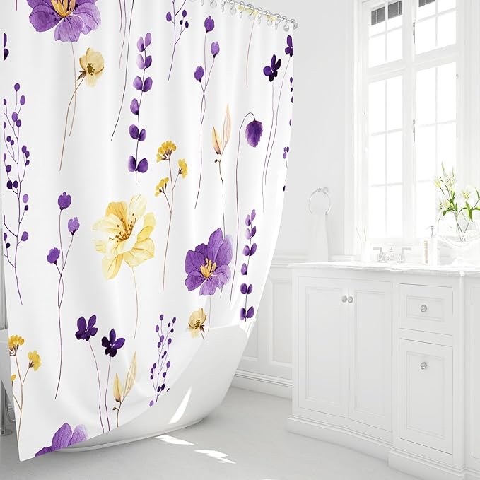 Gibelle Small Stall Shower Curtain 36 x 72, Narrow Half Watercolor Floral Fabric Shower Curtain, Purple Yellow Flower Decorative Bathroom Shower Curtain Set with Hooks
