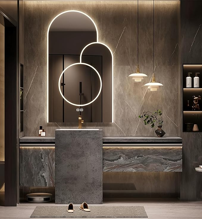 Single Sink Freestanding Bath Vanity, Modern Bath Vanity with LED Smart Mirror, 88IN Solid Wood Floating Bathroom Sink Cabinet with Marble Slate Top and Large Storage Drawer