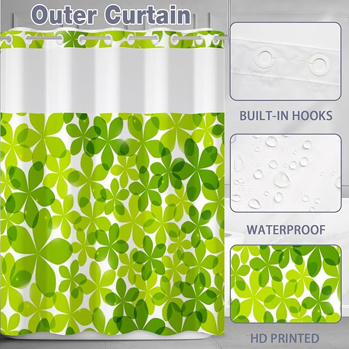 Green Flower Shower Curtain No Hooks with Snap-in Fabric Liner Set,Spring Leaves Shower Curtain for Bathroom,Hotel Decor Waterproof Shower Curtains,with See Through Top Window,71W x 74H