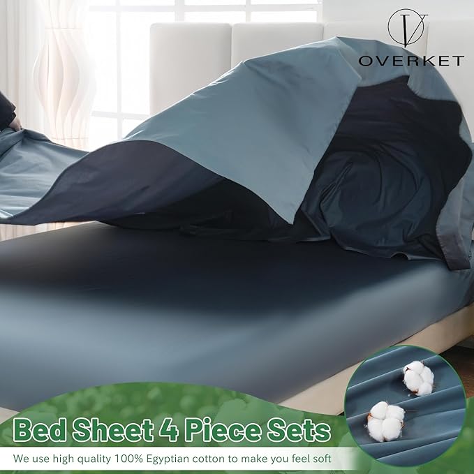 Egyptian Cotton Sheets Full Size 1000 Thread Count Sateen Weave Soft Breathable 16-Inch Deep Pocket 4PCS（Full,Dusty Blue）