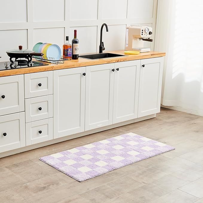 CozeCube Bath mats for Bathroom Non Slip, Fluffy Absorbent Microfiber Bath mat Washable, Aesthetic Bathroom Rugs, Cute Purple Checkered Bath mat, Lavender, 32" x 20"
