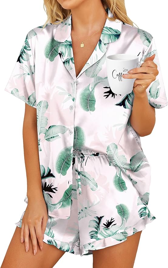 HOTOUCH Womens Satin Pajamas Set Button Down 2 Piece Silk Pjs Shorts Set Ruffle Lingerie Notch Collar Sleepwear