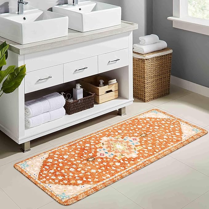 Uphome Boho Tribal Bathroom Runner Rug Orange Cute Floral Bath Mat Non-Slip Machine Washable Long Bathroom Rugs Soft Velvet Oriental Farmhouse Bath Rug for Sink Shower Doormat Tub, 18x47 inch