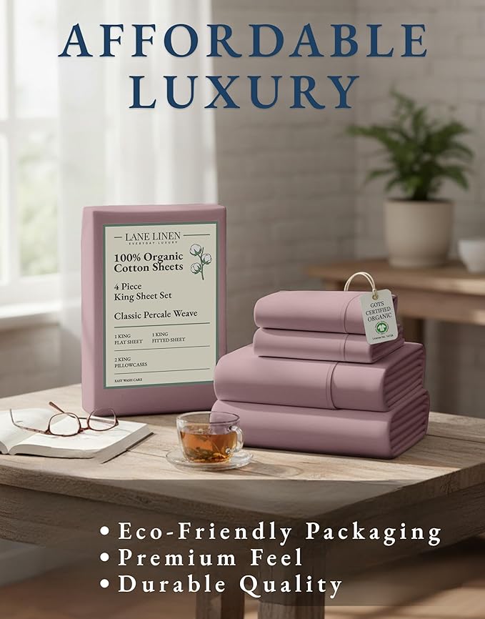 LANE LINEN 100% Organic Cotton King Size Bed Sheets, Sustainably Produced Okeo Tex Certified Cotton Sheets King, Luxury Hotel Percale Soft & Comfy Comes in Variety of Colors -Lilac