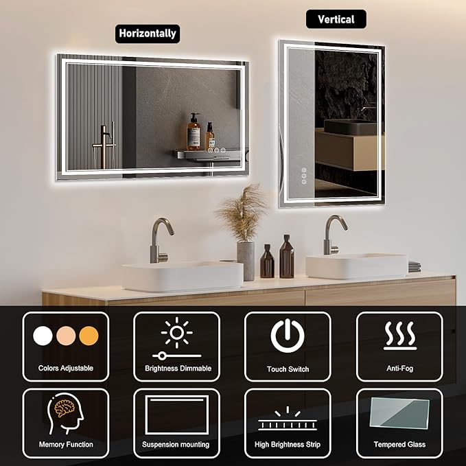 48x30 Inch LED Bathroom Mirror with Frontlit & Backlit（Independent Control）, Lighted Mirror for Bathroom Wall with 3-Color Dimmable & Anti-Fog, Vanity Mirror with Lights