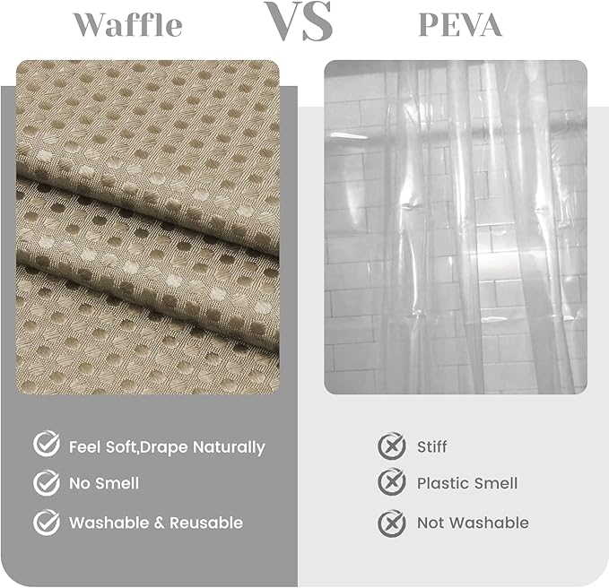 No Hook Shower Curtain with Snap in Liner Set Waffle Shower Curtain for Bathroom Hotel Style Fabric Waterproof Inner Liner，71" W x 74" H, Beige