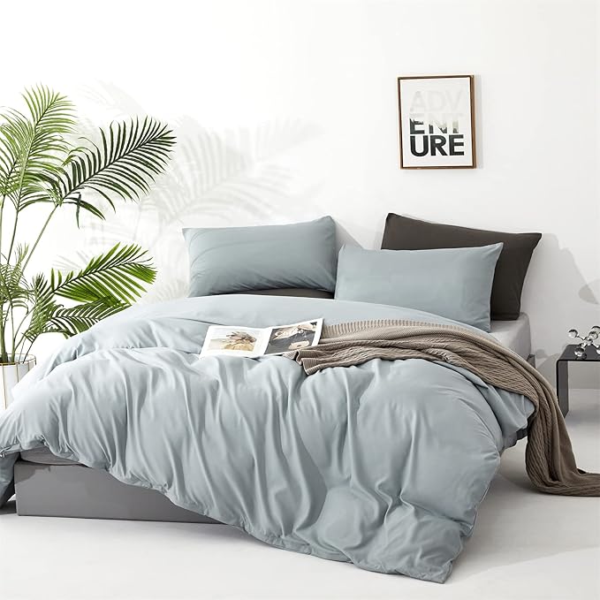 Cottonight Blue Comforter Set Bedding Set Solid Dusty Blue Blanket Quilts Modern Classic Soft Breathable Simple 3 Piece Women Men Comforter Set for Full Bed Teens Kids