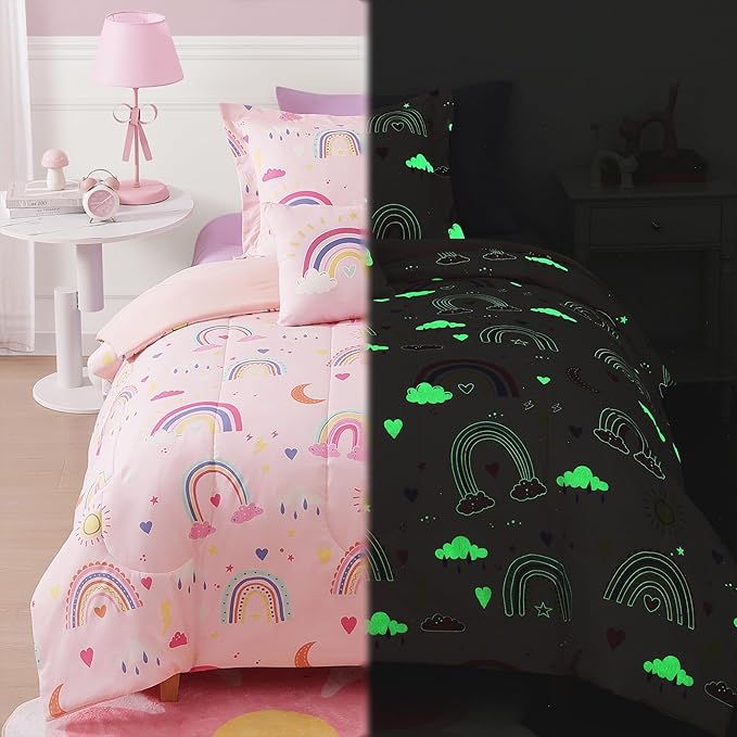 Twin Comforter Set for Girls-3 Pieces Pink Rainbow Glow in The Dark Twin Bedding Sets for Kids,1 Comforter,1 Sham and 1 Decor Pillow