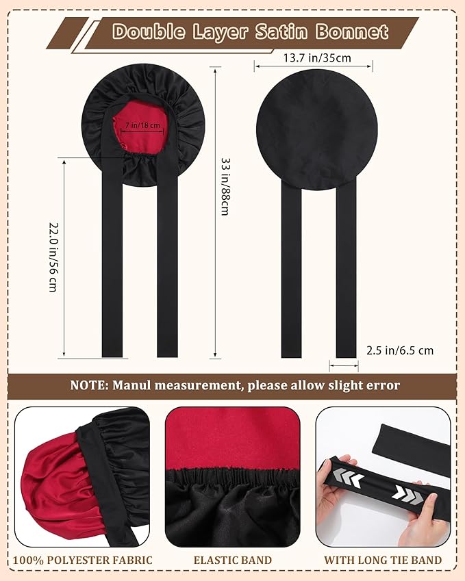 AWAYTR Women Satin Bonnet for Sleeping - Double Layer Silk Hair Bonnet with Elastic Tie Band for Braids Curly Hair