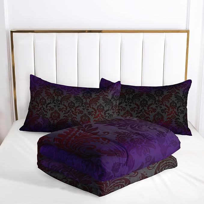 Black Purple Paisley Floral Victorian Gothic Comforter Set Queen，Gothic Bedding Set Queen Purple，with 1 Comforter with 2 Pillow Case，Halloween Room Decor for Bedroom