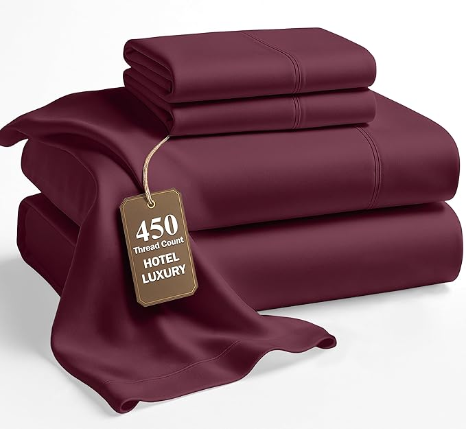 LANE LINEN 100% Cotton California King Size Sheets Set - 4 Pieces - Ultra Soft Sateen Weave, 450 Thread Count - Breathable, Cooling, Durable, 15" Deep Pockets - Windsor Wine