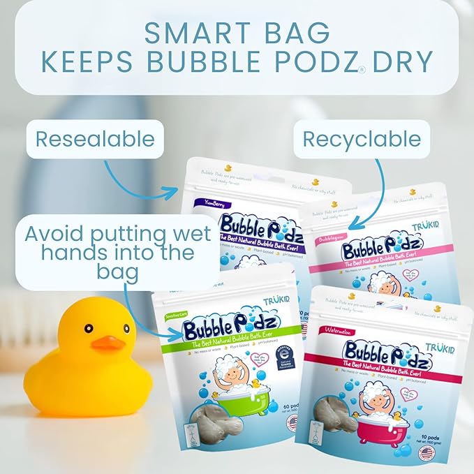 TruKid Bubble Podz Bubble Bath for Kids, Toddlers, & Babies, Tear Free Gentle & Refreshing Bath Bomb for Sensitive Skin with Natural Moisturizers, Non-Toxic, pH Balanced, Bubble Gum Scent (10 Podz)
